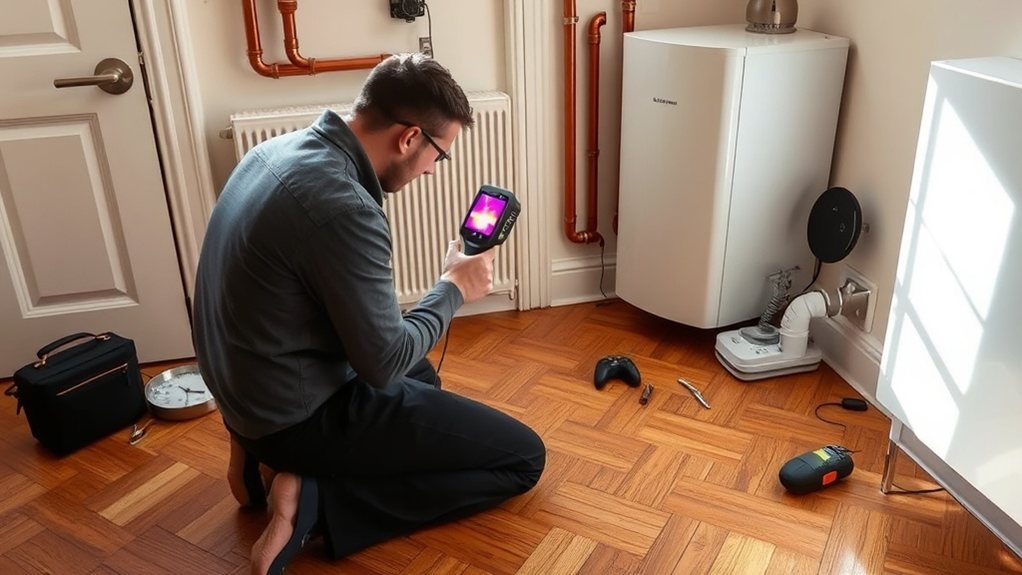 Engineer locating central heating leak using thermal imaging in Staines-upon-Thames